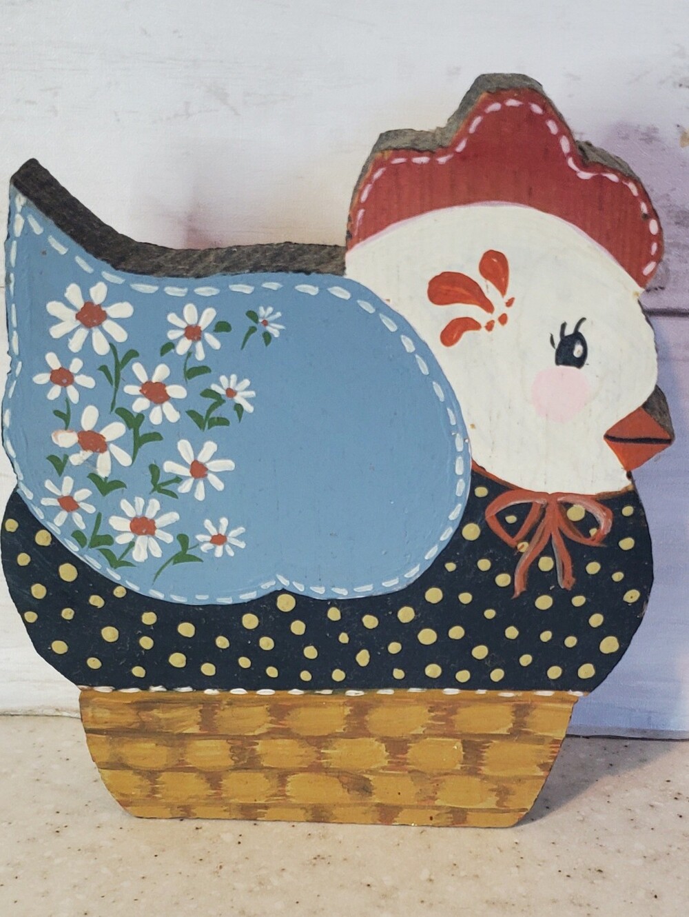 Vintage Hand Painted Wooden Chicken Hen Shelf Sitter Folk Art Cottagecore Decor